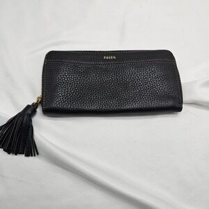 Fossil Black Leather‎ Tassel Tara Wallet Zip Around Cowhide Bag Purse